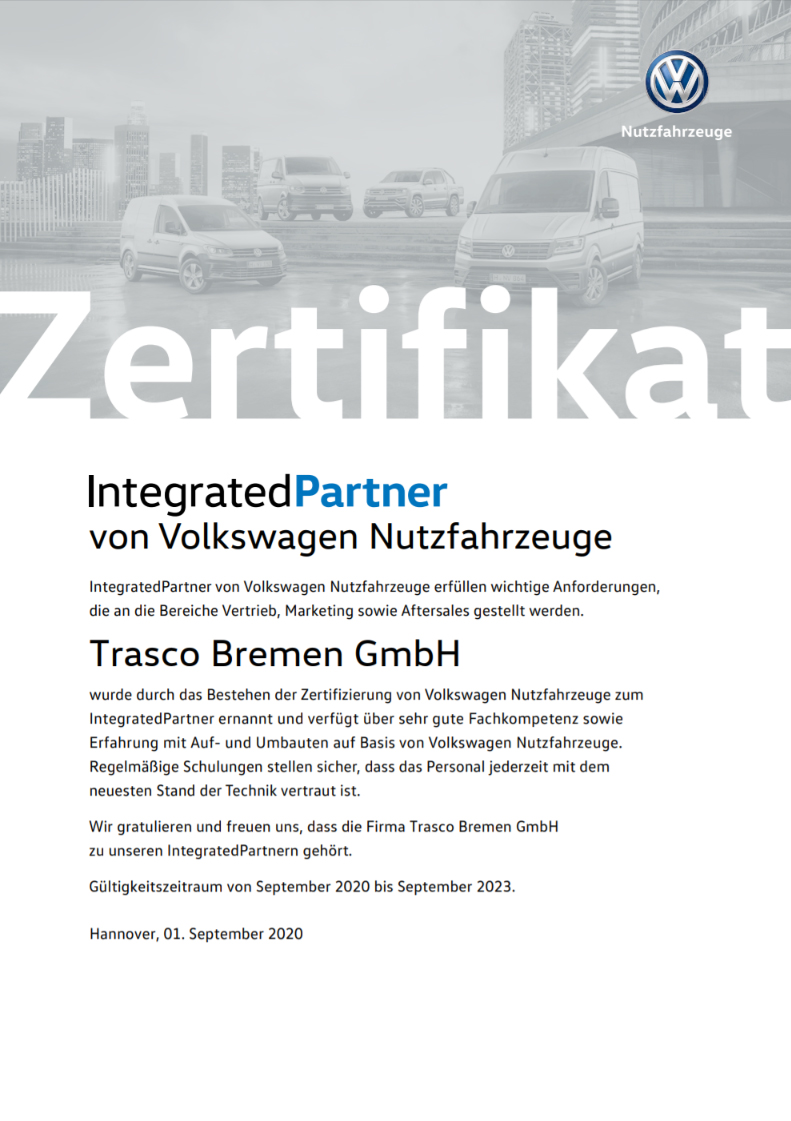 TRASCO CERTIFIED AS "INTEGRATED PARTNER" BY VWN - Trasco-Bremen
